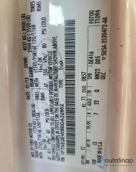 2013 Ford Econoline E250 Van from USA, damaged, VIN 1FTNE2EW5DDA32862